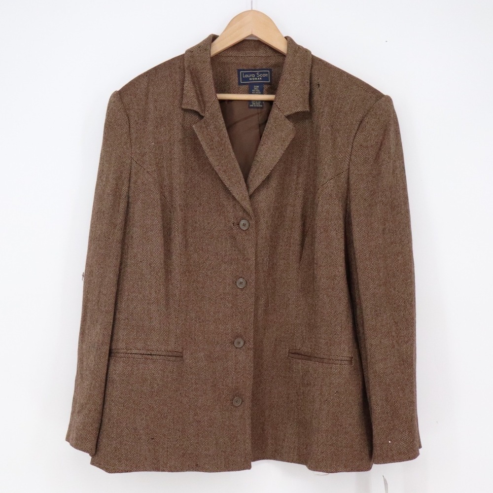 Laura Scott Blazer Womens 20W Wool Herringbone Cocoa Brown Button-Front NWT